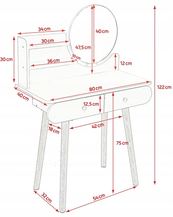 Kaptafel - ronde spiegel - make up tafel - 80x40x122 cm - hout