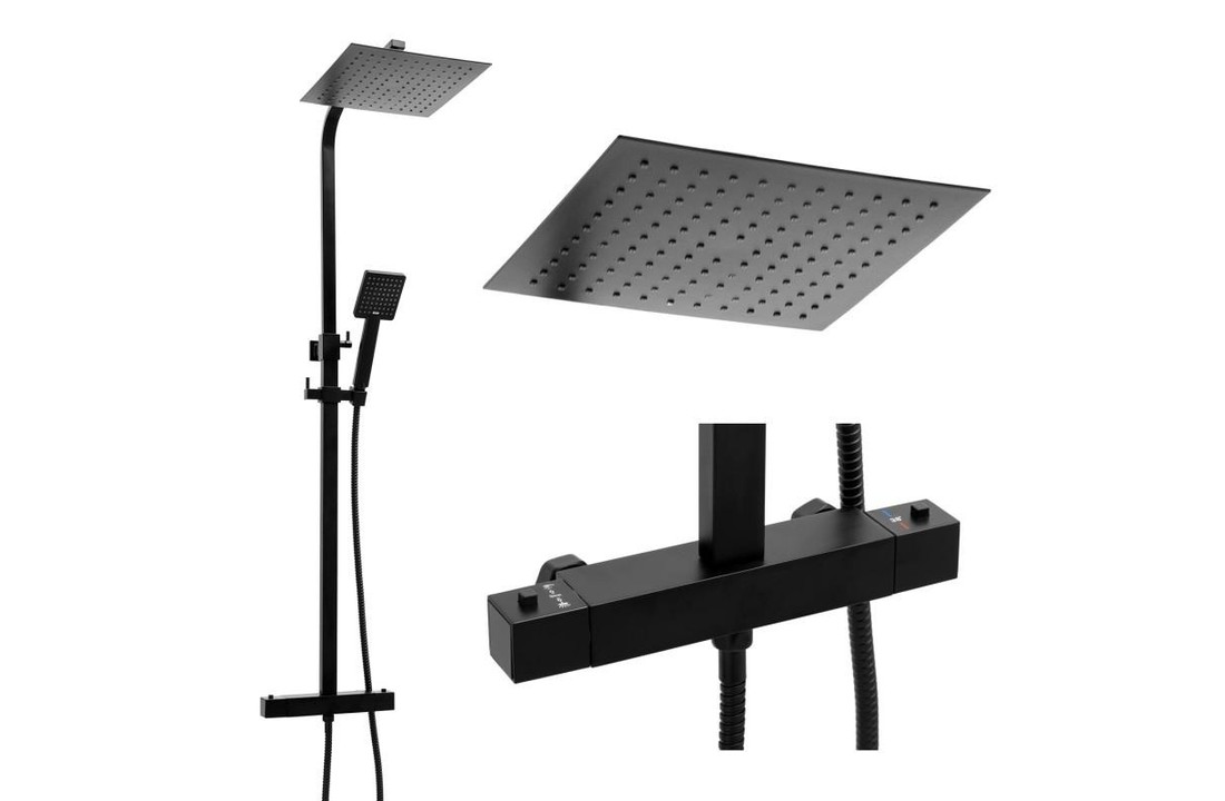 Doucheset zwart - met Regendouche 25cm - en Thermostaatkraan