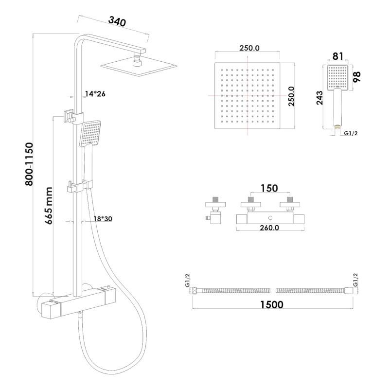 Regendoucheset - 25 cm - zwart - thermostaatkraan & handdouche