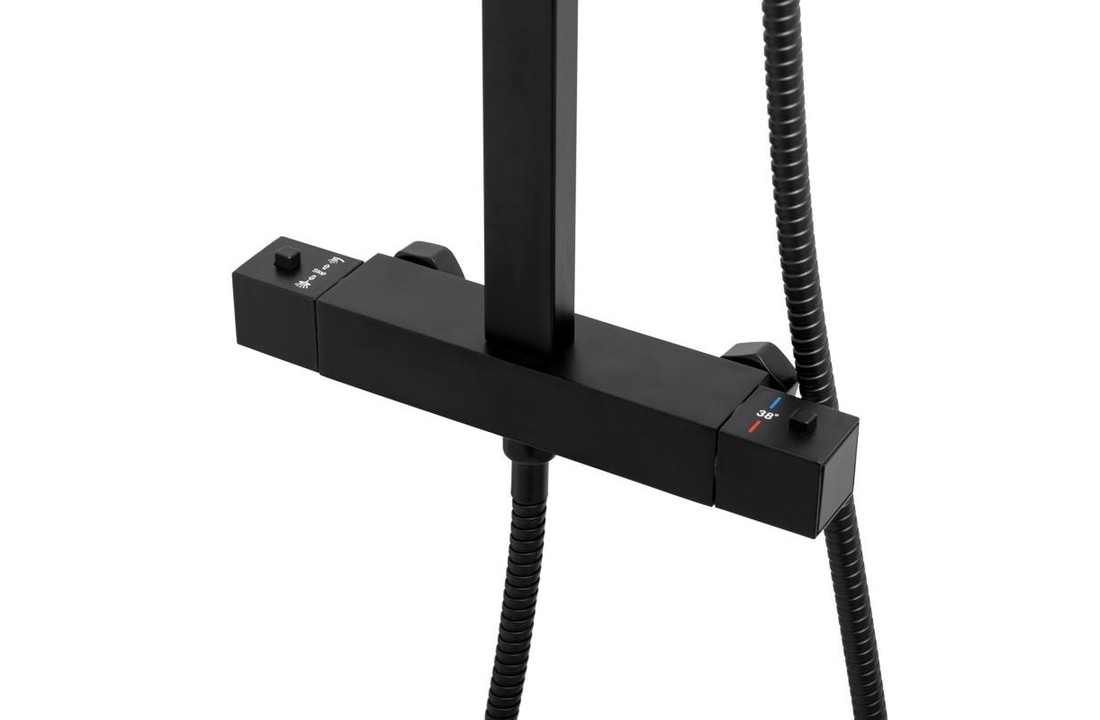 Douchepaneel zwart - met Regendouche 25cm - en Thermostaatkraan