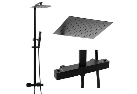 Doucheset zwart - met Regendouche 25cm - en Thermostaatkraan
