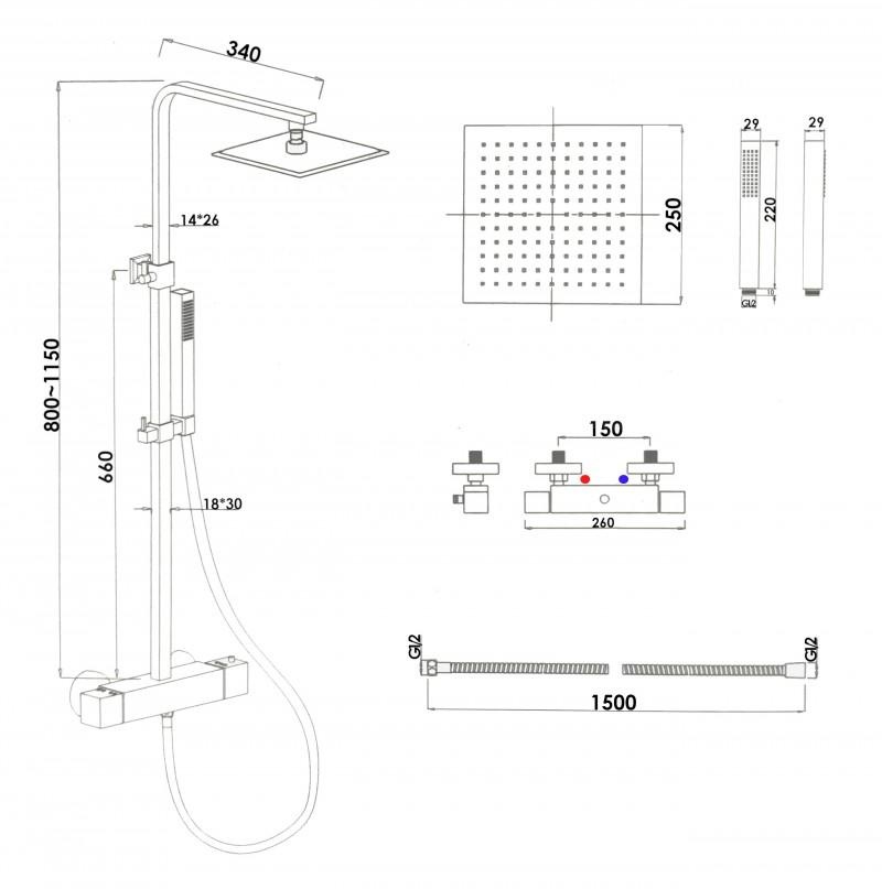 Doucheset zwart - met Regendouche 25cm - en Thermostaatkraan