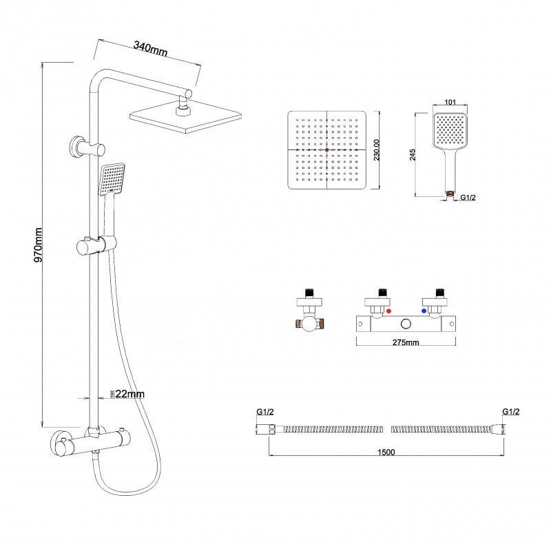 Doucheset zwart - met Regendouche 23cm - en Thermostaatkraan