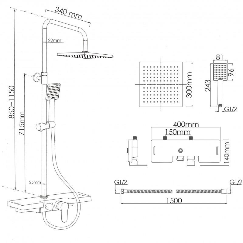 Doucheset - met Regendouche - en Thermostaatkraan - Zwart