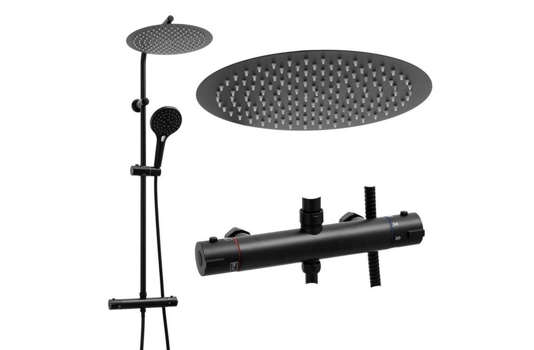 Doucheset - Regendouche 30cm - met Thermostaatkraan - Zwart