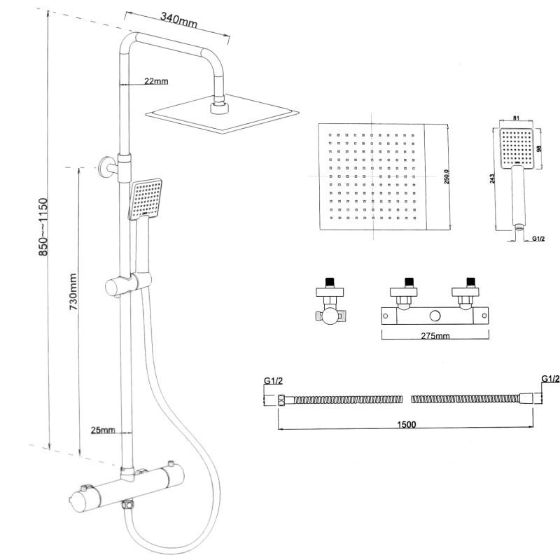 Doucheset - met Regendouche 25cm - en Thermostaatkraan