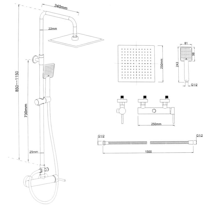 Doucheset - met Regendouche 25 cm - en Handdouche - Zwart