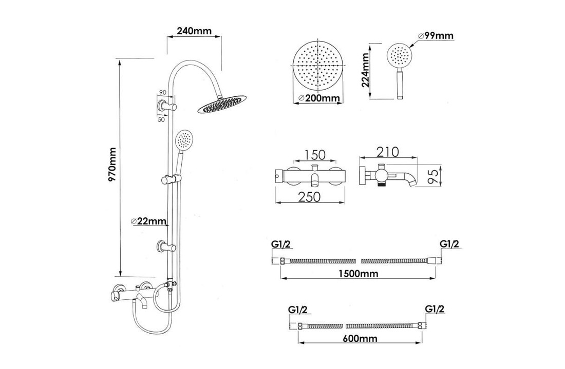 Doucheset - Badkraan - met Regendouche 20 cm - Chroom