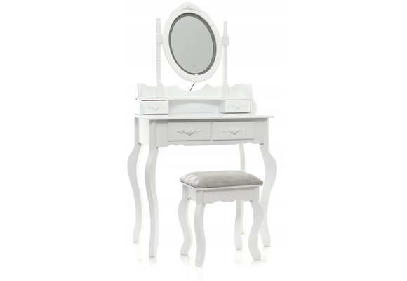 Houten kaptafel wit - LED-verlichte spiegel- met bijpassende kruk - 75x40x145 cm