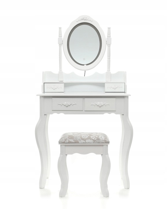 Houten kaptafel wit - LED-verlichte spiegel- met bijpassende kruk - 75x40x145 cm