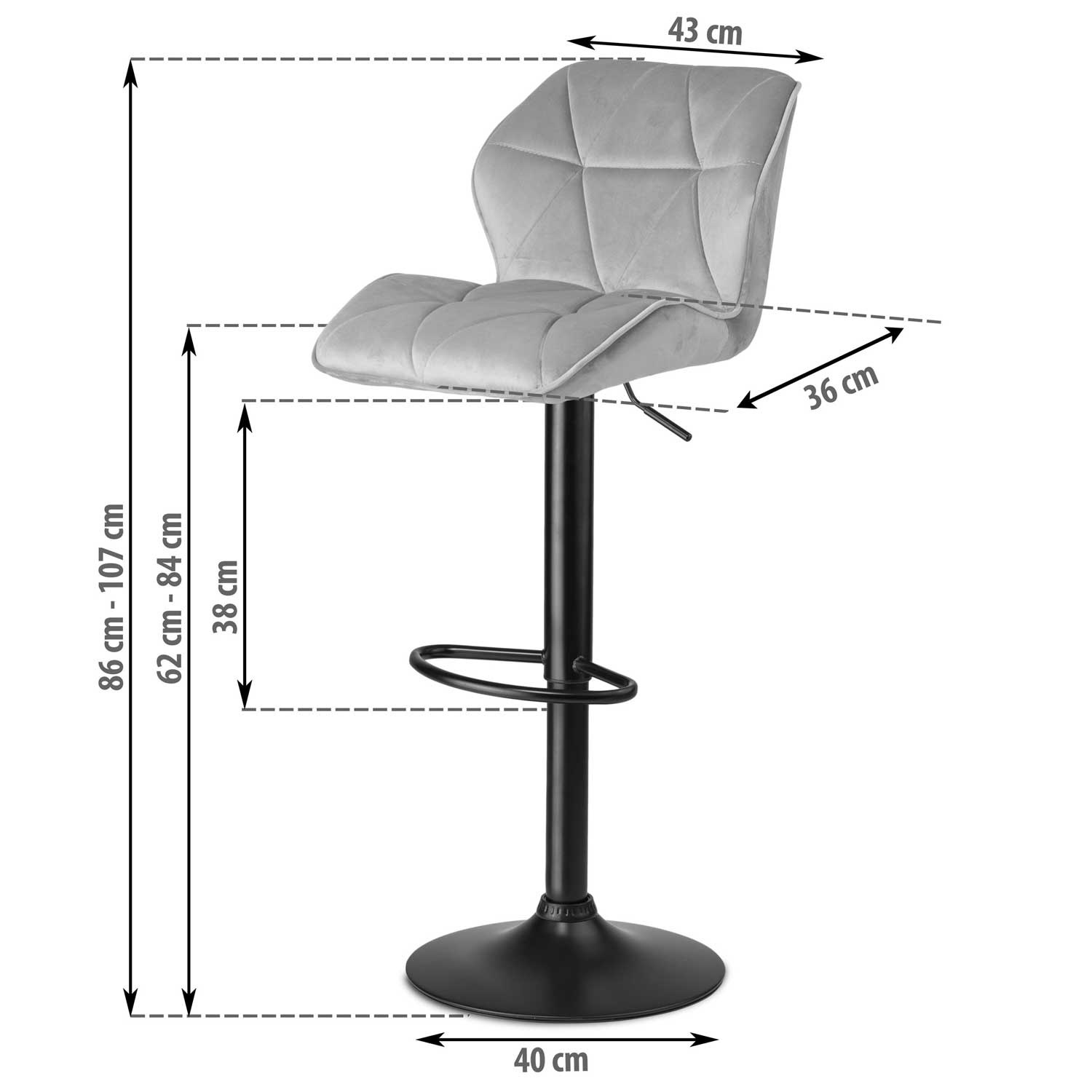 Barkruk - velvet - met rugleuning - verstelbaar - grijs