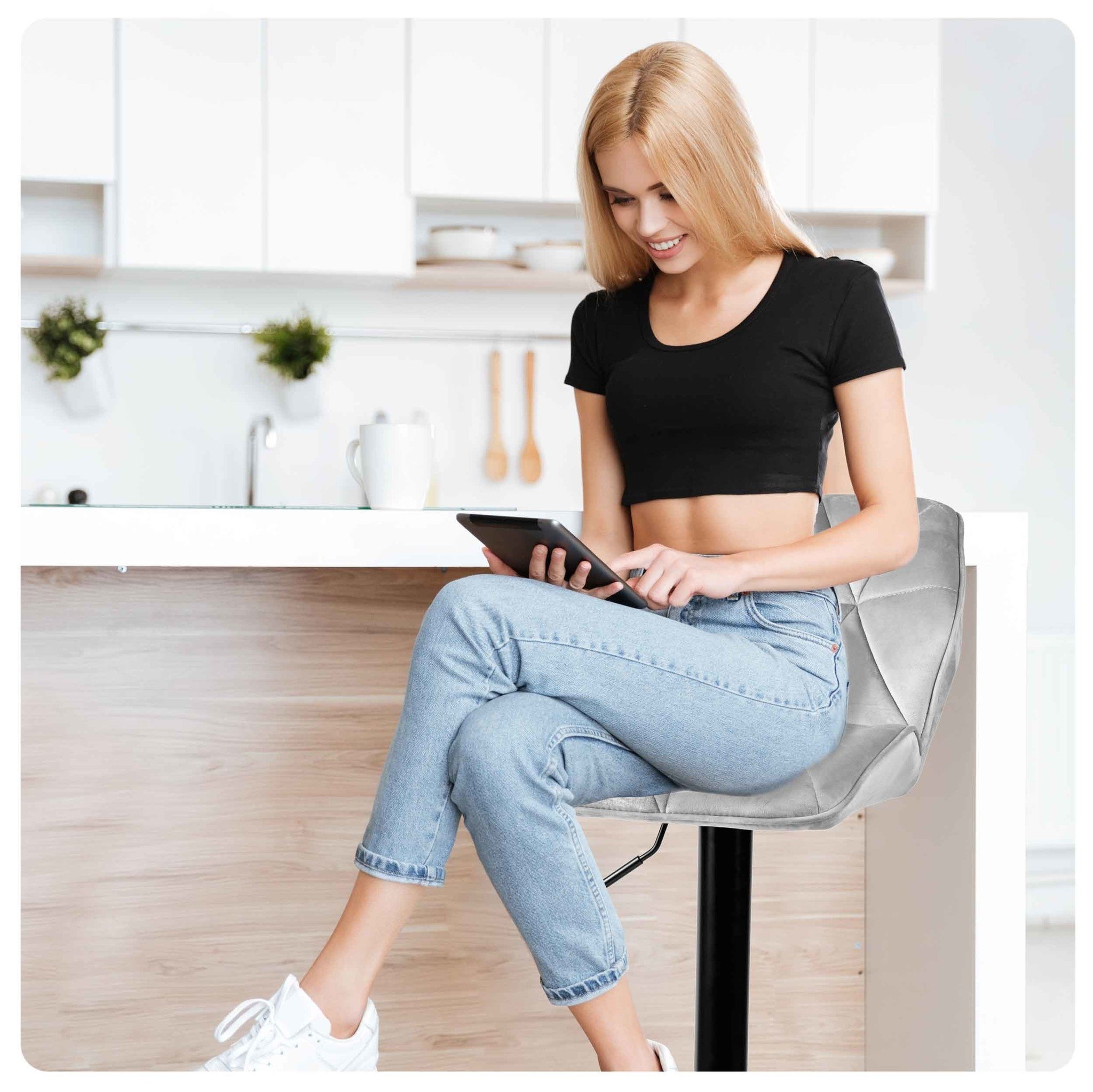 Barkruk - velvet - met rugleuning - verstelbaar - grijs