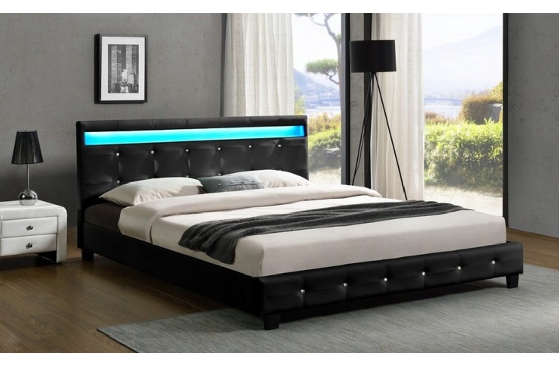 Nadruk Warmte account Tweepersoonsbed van zwart eco-leer met led licht - 140x200 cm -  Vikingchoice.nl