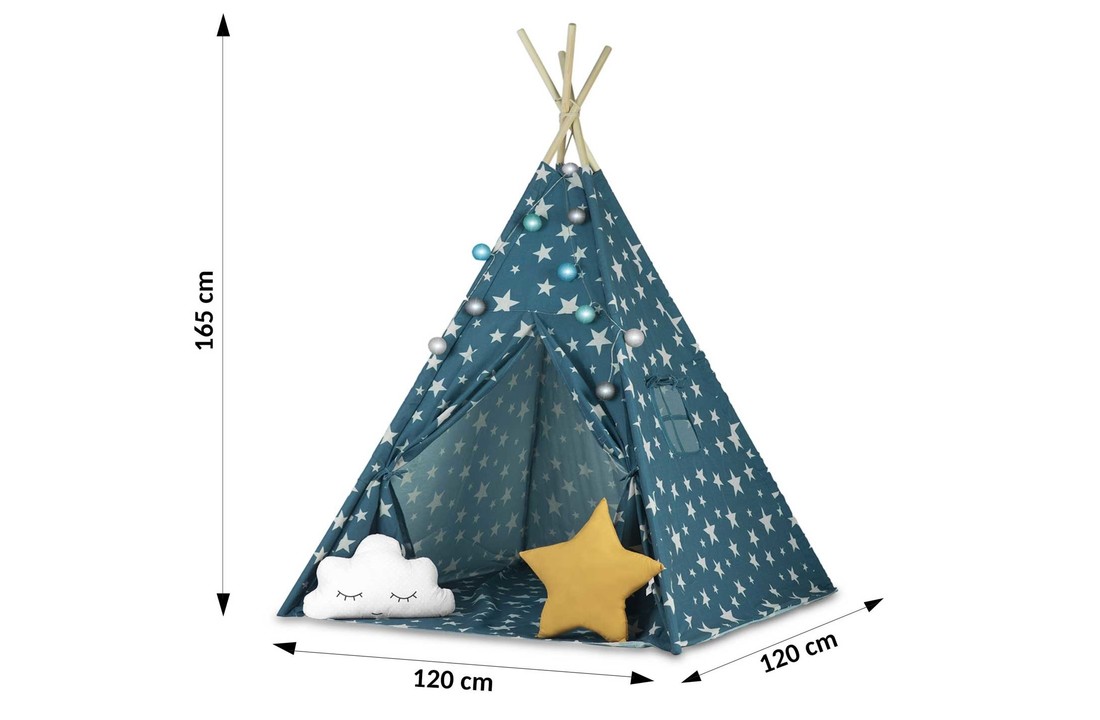 Speeltent Tipi met lampjes - 120x120x165 - Blauw met Sterren