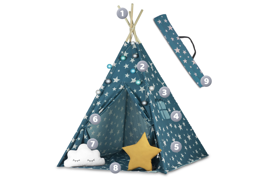 Speeltent Tipi met lampjes - 120x120x165 - Blauw met Sterren