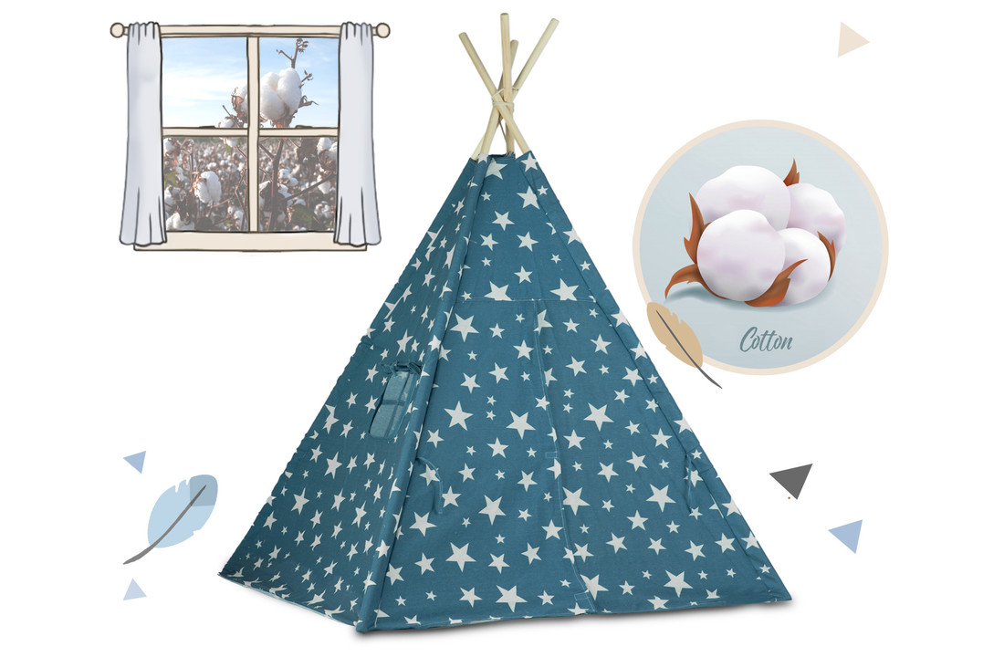 Speeltent Tipi met lampjes - 120x120x165 - Blauw met Sterren