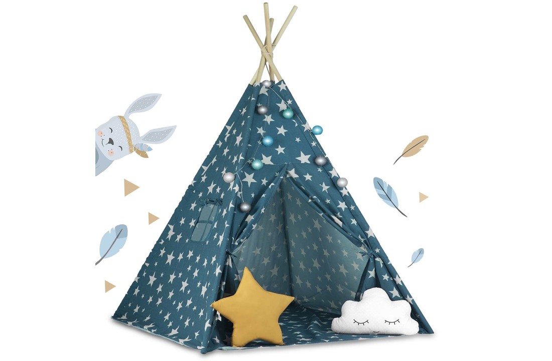 Speeltent Tipi met lampjes - 120x120x165 - Blauw met Sterren