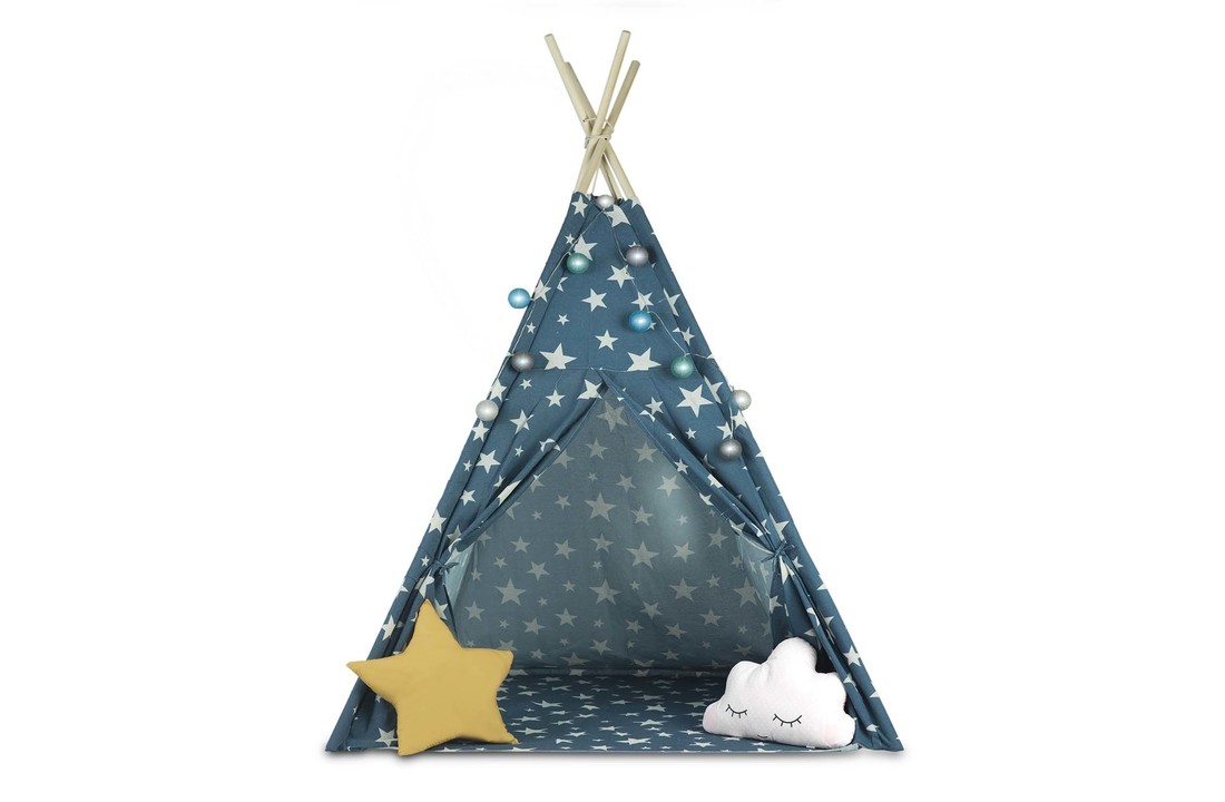 Speeltent Tipi met lampjes - 120x120x165 - Blauw met Sterren