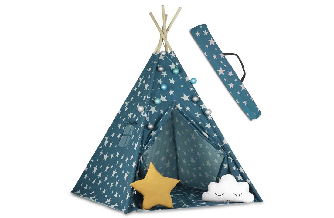 Speeltent Tipi met lampjes - 120x120x165 - Blauw met Sterren