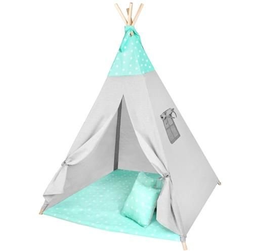 Wigwam tipi teepee tent - speeltent - 4 delig - 100% katoen - Mintgroen / stippen