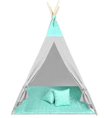 Wigwam tipi teepee tent - speeltent - 4 delig - 100% katoen - Mintgroen / stippen