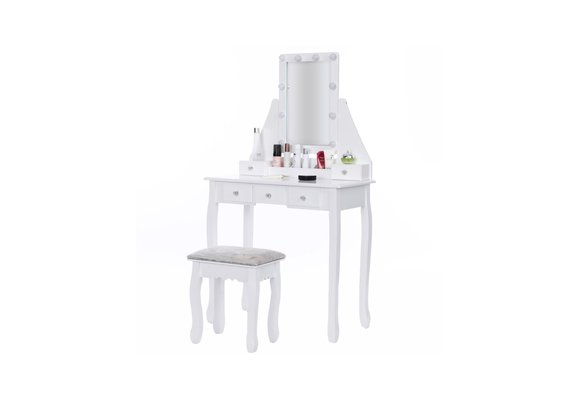 Houten kaptafel - met lade - spiegel - led - kruk - 147x80x40cm