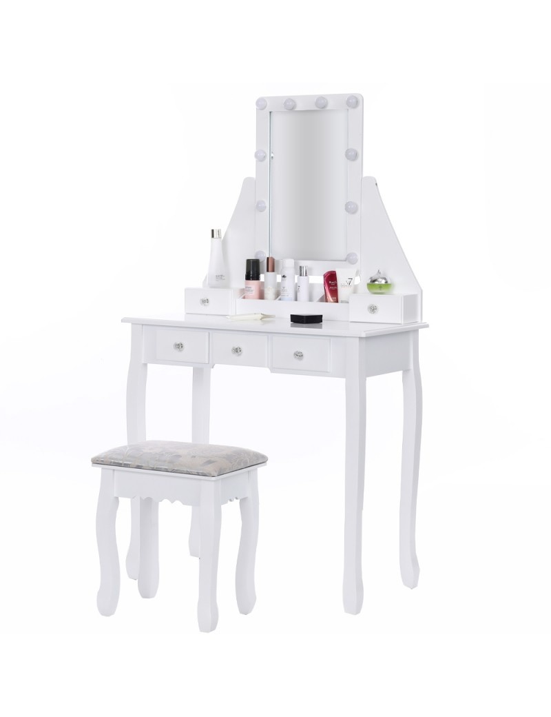 Houten kaptafel - met lade - spiegel - led - kruk - 147x80x40cm