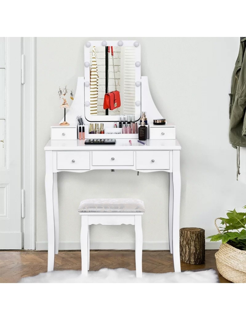 Houten kaptafel - met lade - spiegel - led - kruk - 147x80x40cm