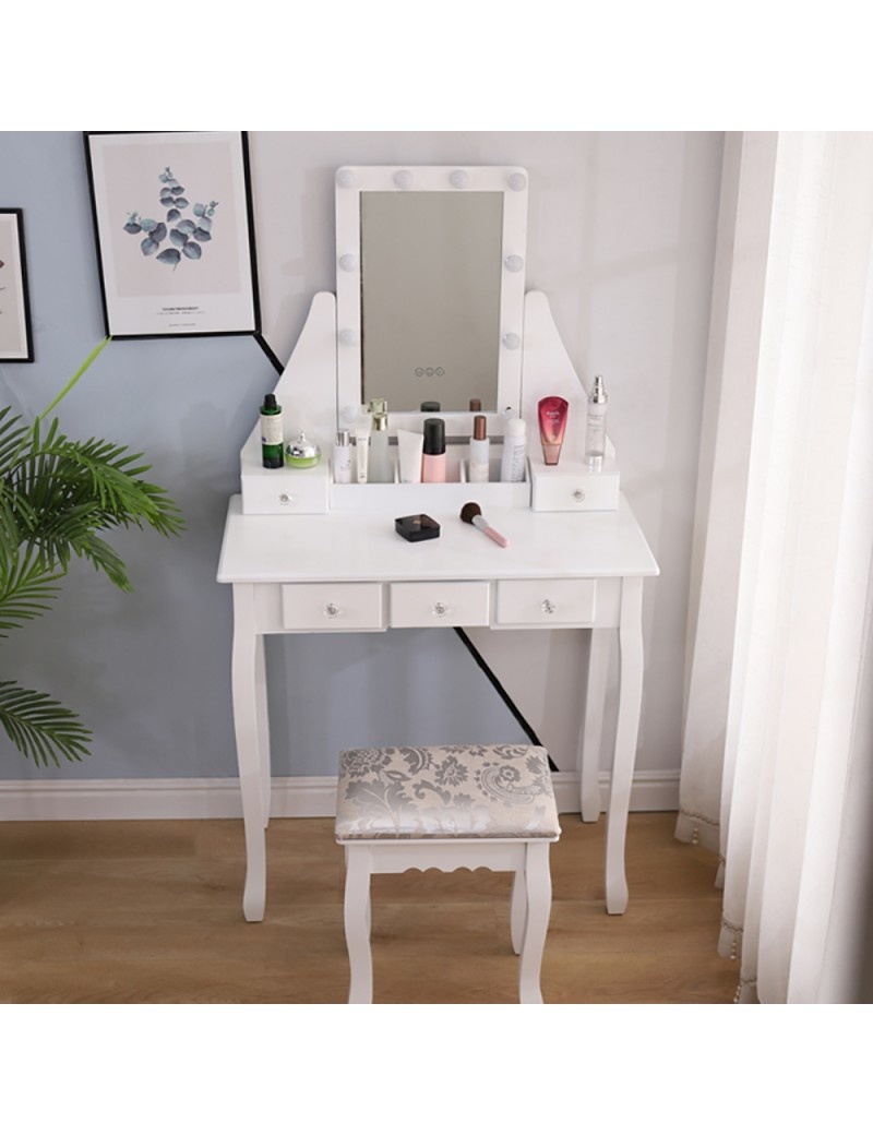 Houten kaptafel - met lade - spiegel - led - kruk - 147x80x40cm