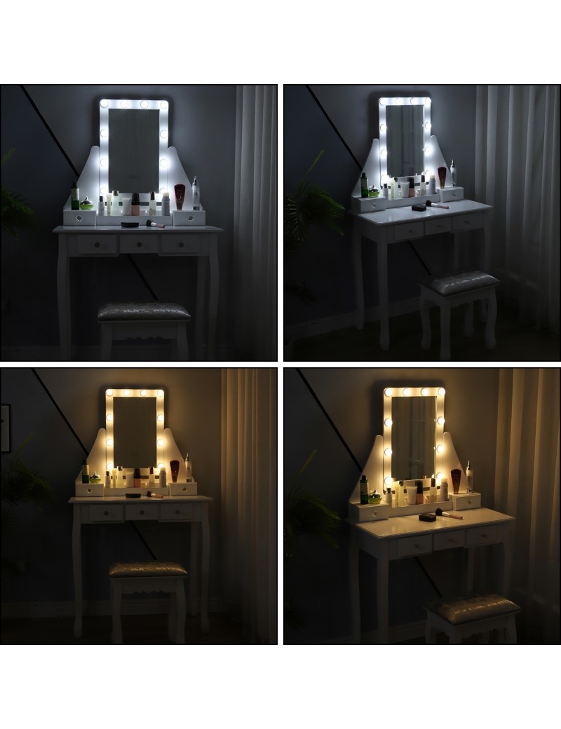 Houten kaptafel - met lade - spiegel - led - kruk - 147x80x40cm