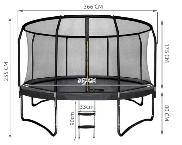 Trampoline - 366 cm - met net en ladder - tot 150 kg - zwart