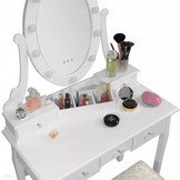 Houten kaptafel wit - met LED-verlichte spiegel- met bijpassende kruk - 80x40x137 cm