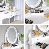 Houten kaptafel wit - met LED-verlichte spiegel- met bijpassende kruk - 80x40x137 cm