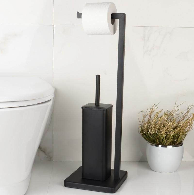 hoek Metafoor Kalksteen WC rolhouder staand met toiletborstel - 20x63cm - zwart - Vikingchoice.nl