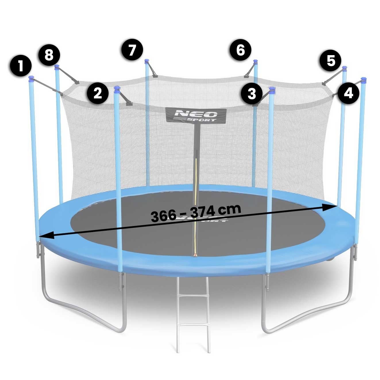 Trampoline net - 374cm 12ft binnerand - 6 openingen