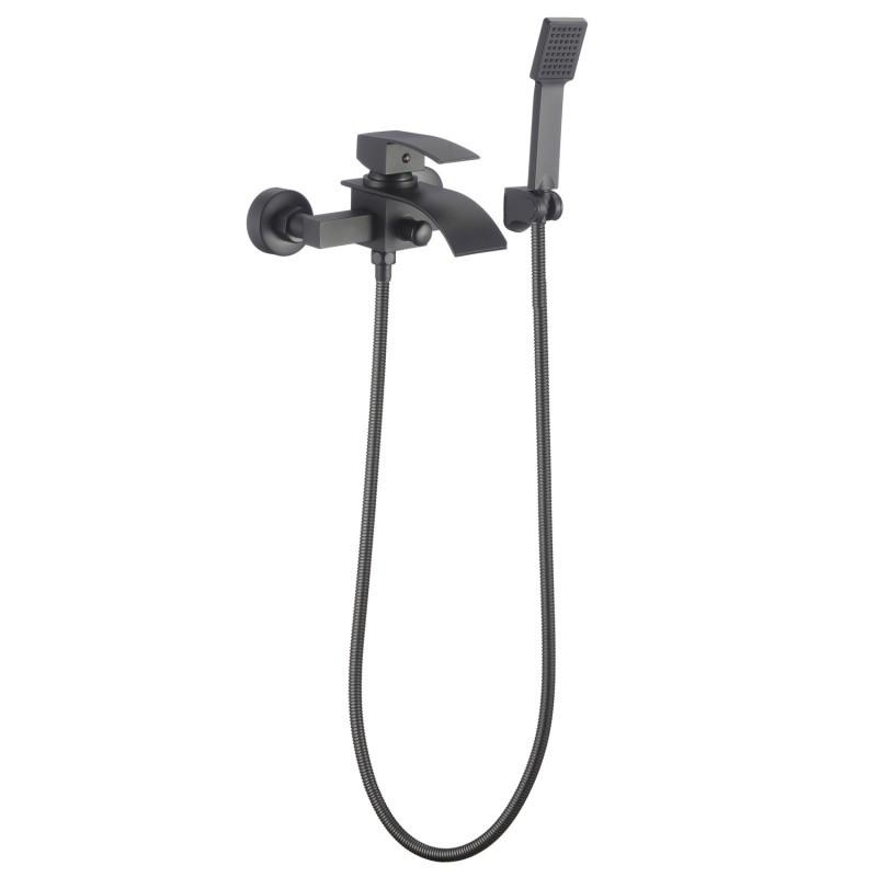 Badkraan met handdouche - opbouw - platte uitloop - zwart