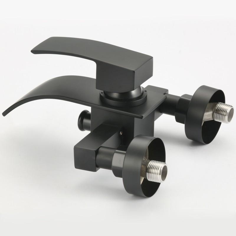 Badkraan met handdouche - opbouw - platte uitloop - zwart