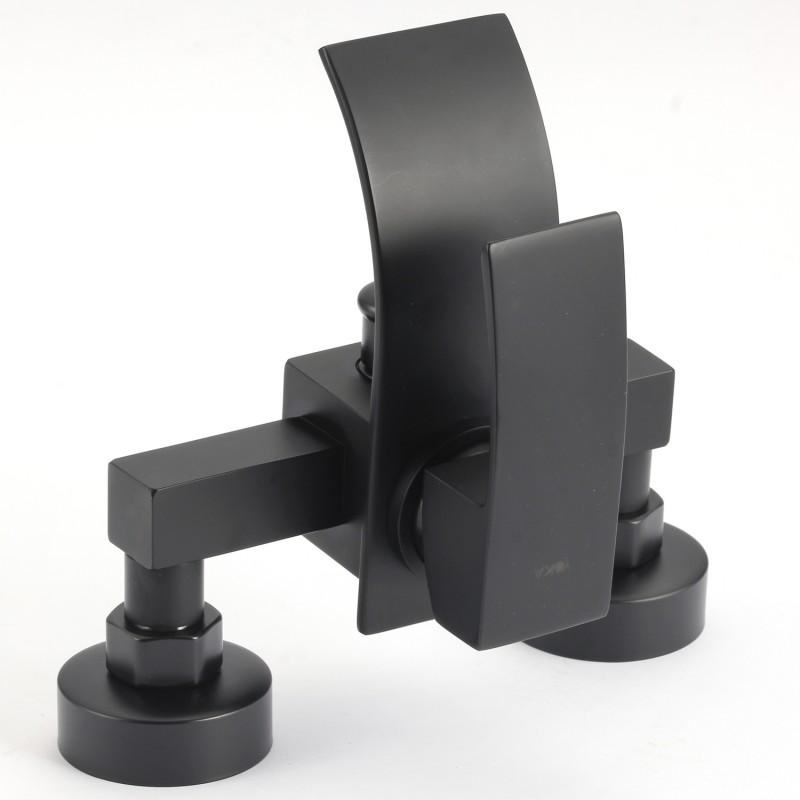 Badkraan met handdouche - opbouw - platte uitloop - zwart