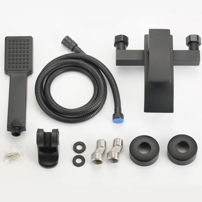 Badkraan met handdouche - opbouw - platte uitloop - zwart