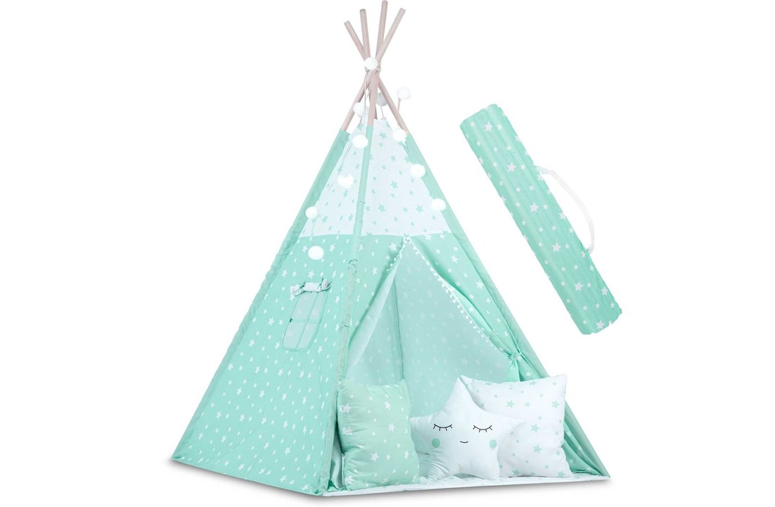 Tipi tent - Speeltent - Mint & sterren - met kussens en lampjes