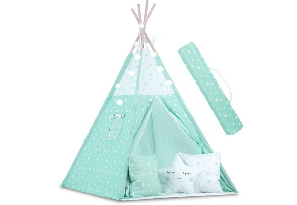Tipi tent - Speeltent - Mint & sterren - met kussens en lampjes