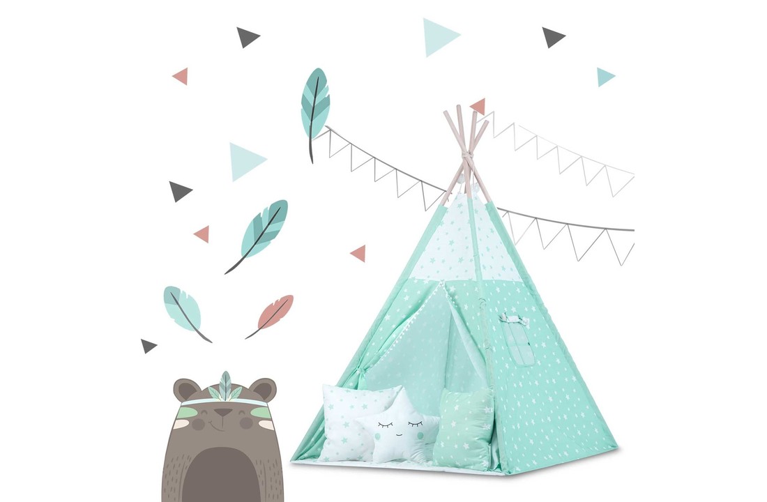 Tipi tent - Speeltent - Mint & sterren - met kussens en lampjes
