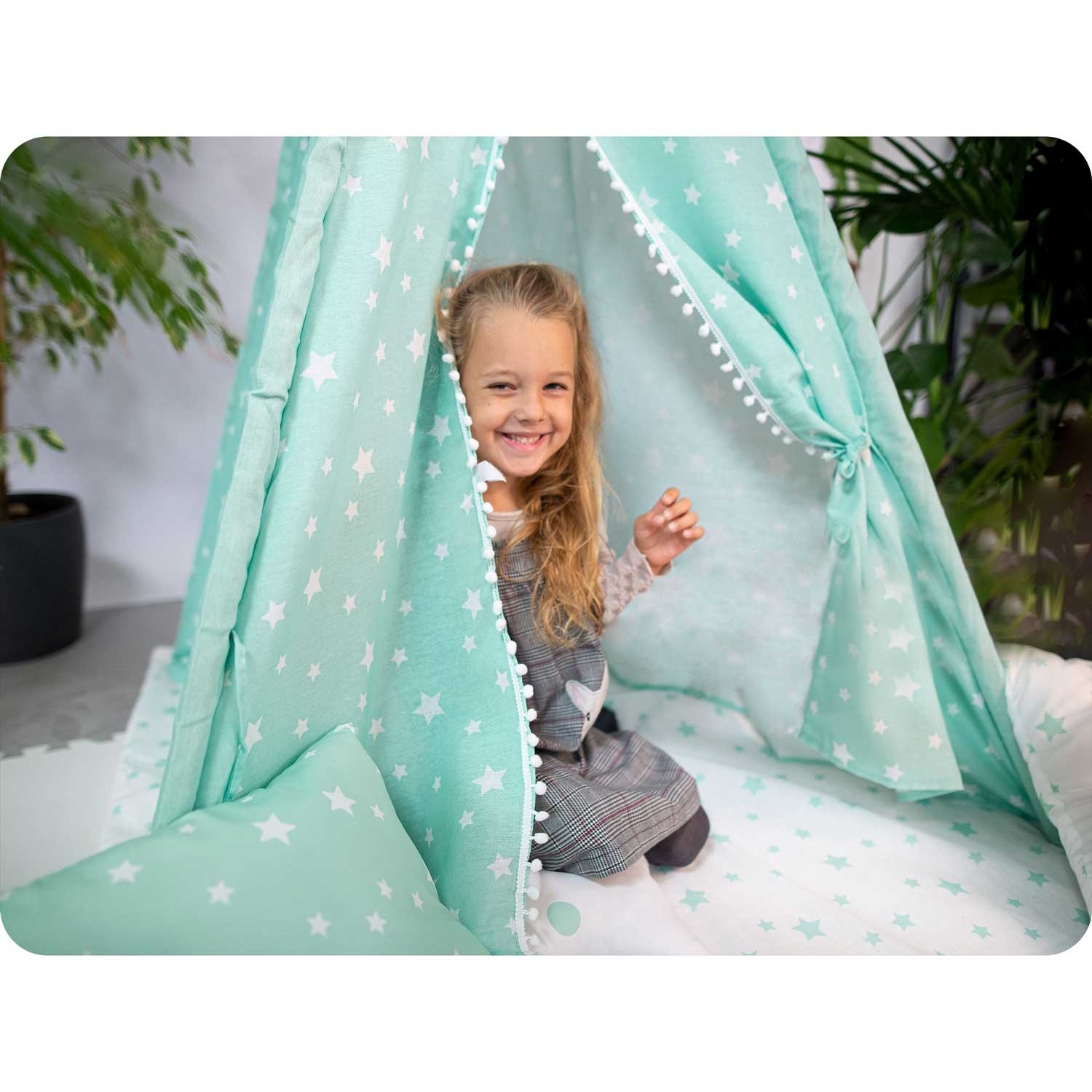 Tipi tent - Speeltent - Mint & sterren - met kussens en lampjes