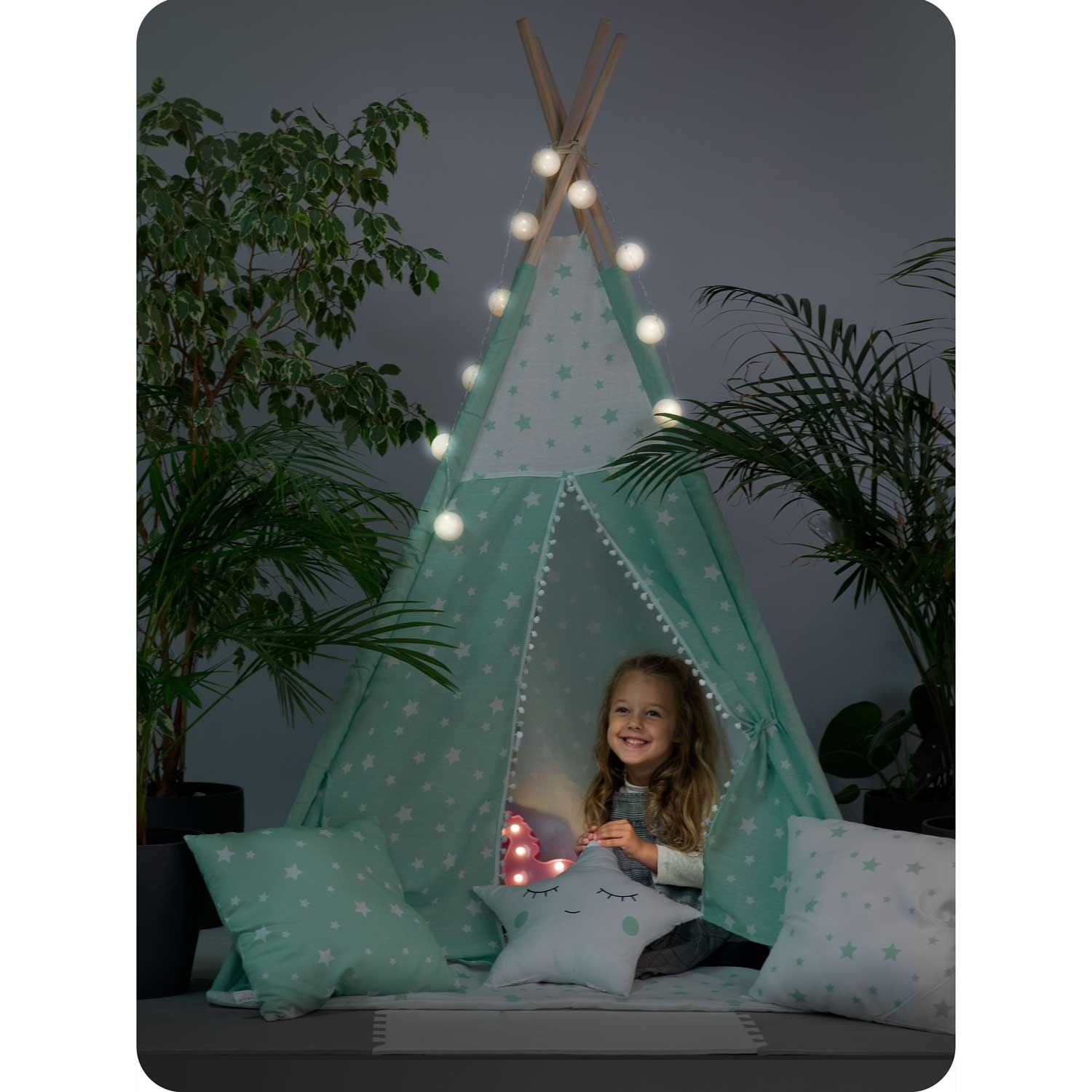 Tipi tent - Speeltent - Mint & sterren - met kussens en lampjes
