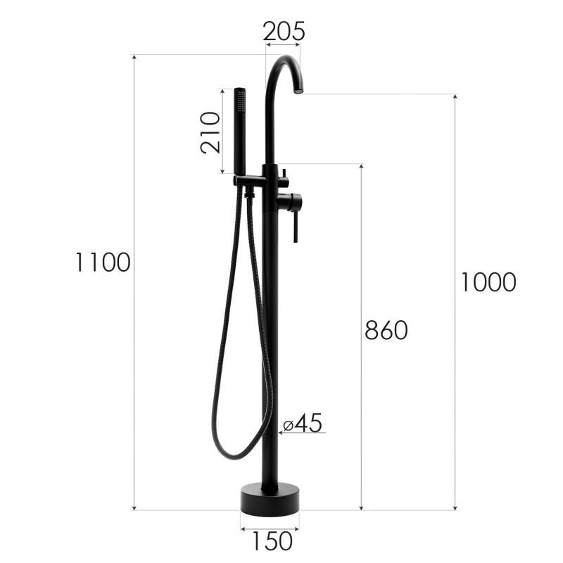 Vrijstaande badkraan - met handdouche - 110 cm hoog - zwart