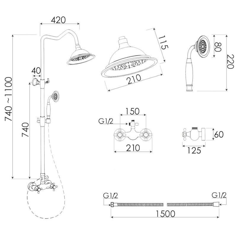 Regendoucheset - retro - met mengkraan - 20 cm - zwart