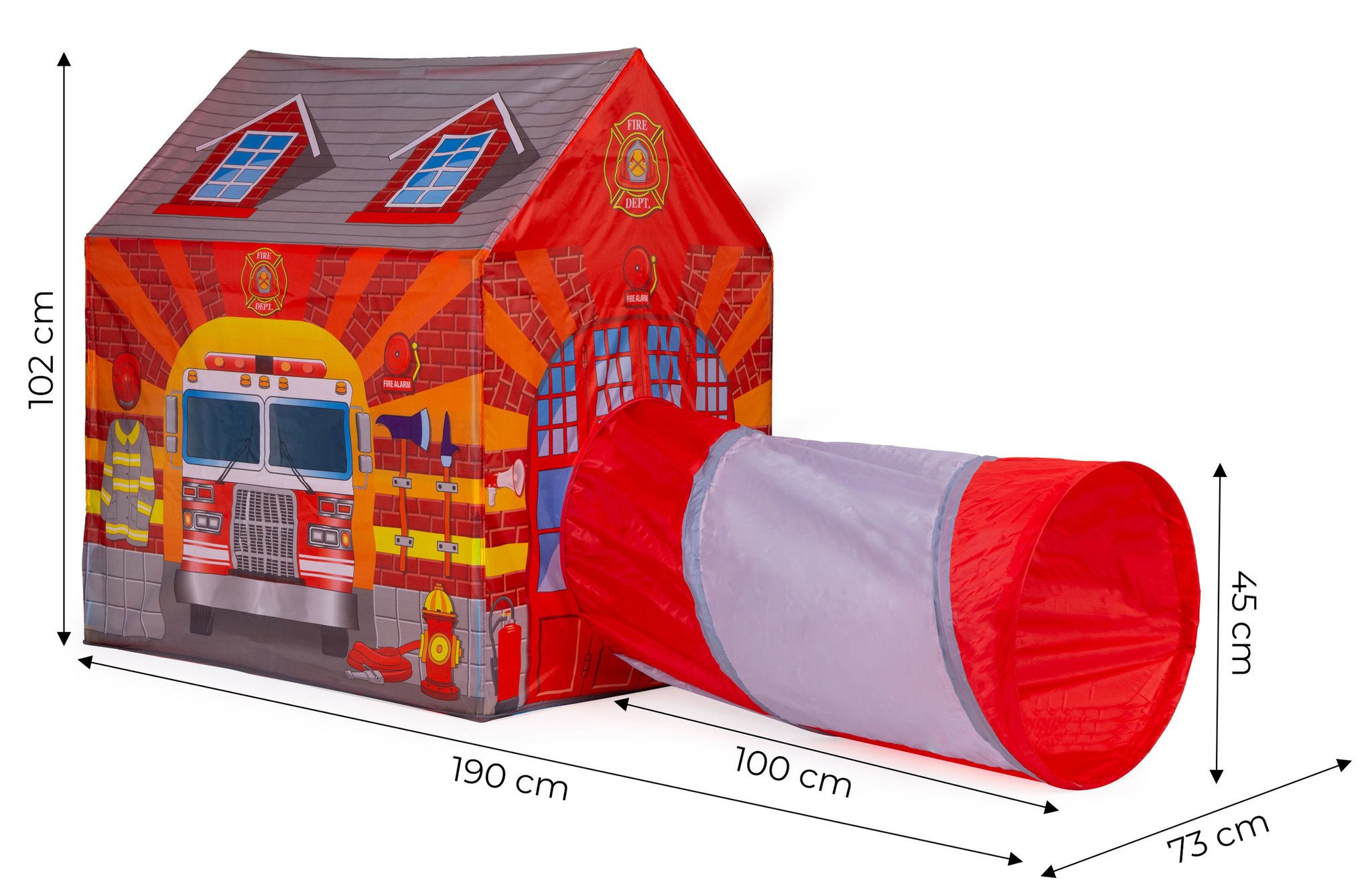 Speeltent - met kruiptunnel - 190x73x102 cm - brandweer - rood