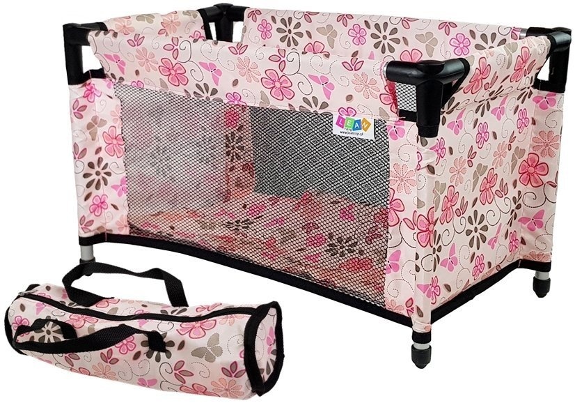 Poppenbed met accessoires - Roze bloemen - 52,5 x 30,5 x 32 cm