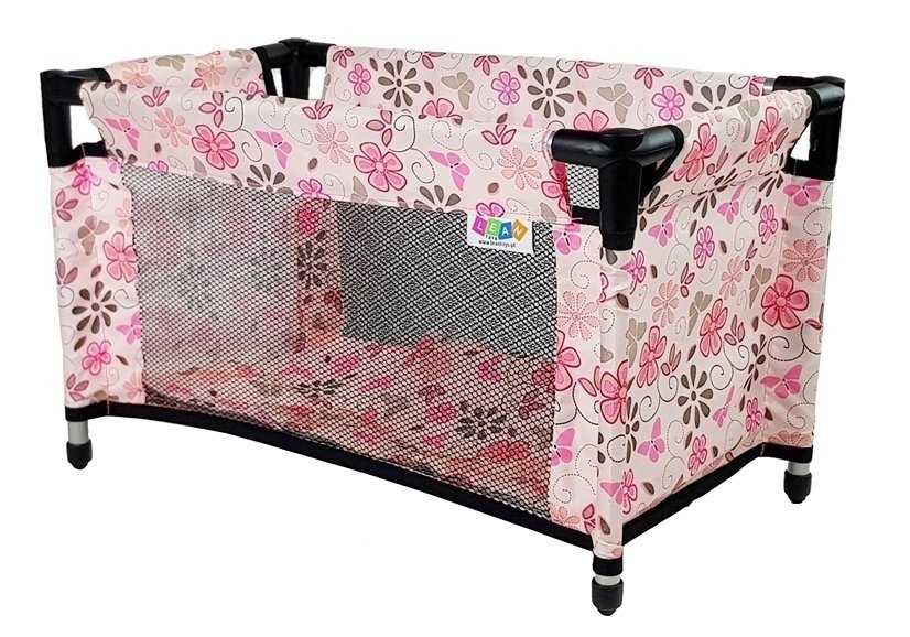 Poppenbed met accessoires - Roze bloemen - 52,5 x 30,5 x 32 cm