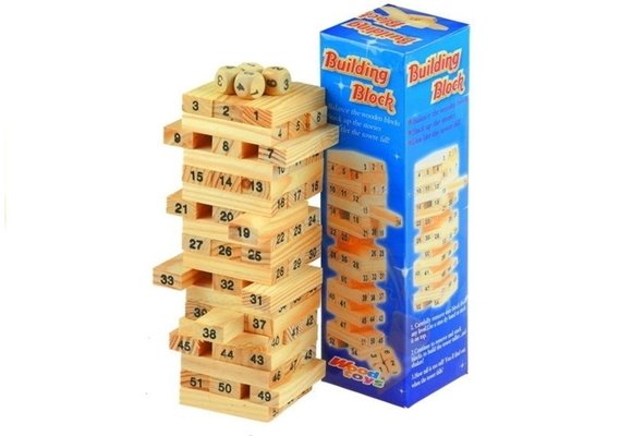 Jenga blokken spel - incl. dobbelstenen - 54 delig